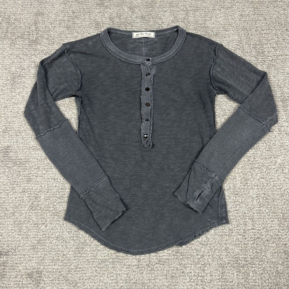 We The Free People Jamie Henley Shirt Womens XS Long Sleeve Raw Hem Gray Top